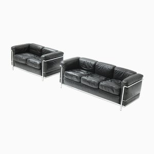 Set of Vintage LC-2 in Black Leather by Le Corbusier for Cassina, 1978
