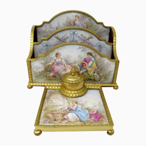 Antique French Sevres Ormolu Gilt Bronze Dore Letters Holder & Inkwell, Set of 2