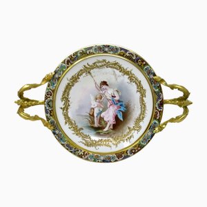 Antique French Sevres Ormolu Gilt Bronze Dore Champlevé Porcelain Tazza Plate