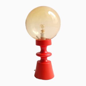 Mid-Century Portuguese Modern Orange Wood & Amber Bubble Glass Table Lamp, 1960s
