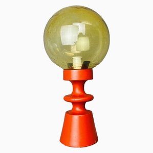 Mid-Century Portuguese Modern Orange Wood & Amber Bubble Glass Table Lamp, 1960s