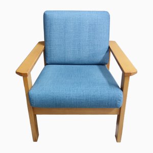 Blue Fabric Easy Chair in Blonde Wood Frame, 1960s