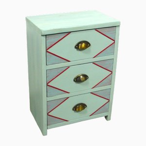 Small Chest of Drawers in Light Blue Wood with Dark Red Accents, 1930s