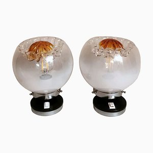 Nickel-Plated Metal and Murano Milk Glass Table Lamps attributed to Mazzega, 1965, Set of 2