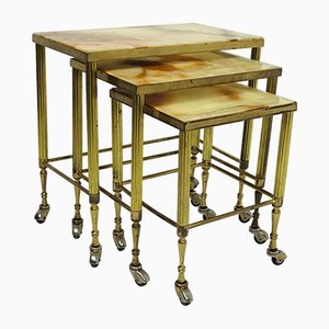 Hollywood Regency Nesting Tables on Wheels in Brass with Marble Tops, Set of 3