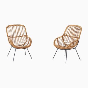 Italian Rattan and Wicker Chairs, 1950s, Set of 2