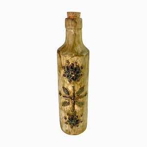Botella de cerámica marrón con estampado floral, Francia, años 60