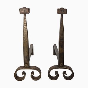 Wrought Iron Fireplace Andirons Firedogs, France, 1960s, Set of 2