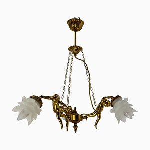 French Brass Ceiling Lamp with Three Putti Pendant Lustre, 1970s