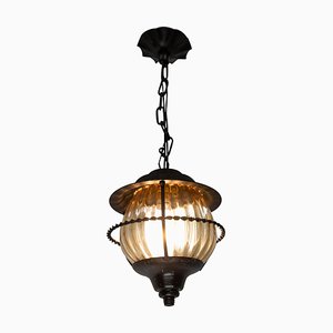 French Ceiling Lamp Iron and Colored Glass Pendant Lustre, 1960s