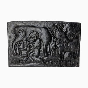 19th Century French Cast Iron Plate with Cow Calf and Farmer