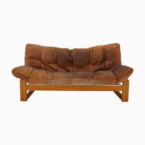 Scandinavian Leather and Pine 2-Seater Sofa, 1970s