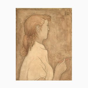 Unknown Artist, Portrait of Young Woman, 1951, Pencil & Watercolor on Cardboard