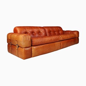 Patinated Cognac Leather Lounge Sofa, Italy, 1970s
