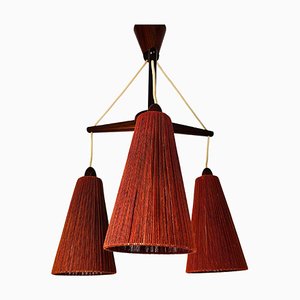 Mid-Century Teak and Cord Shade Hanging Lamp attributed to Temde, 1960s