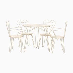 Mesa de jardín de metal blanco y sillas Heart de Mathieu Matégot, años 50. Juego de 5