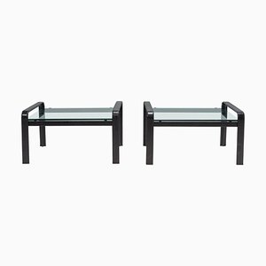 Side Tables in Black Leather and Glass by Tito Agnoli for Matteo Grassi, 1970s, Set of 2