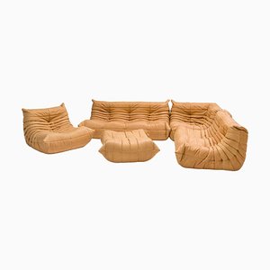Togo Sofa Set in Camel Brown Leather by Michel Ducaroy for Ligne Roset, 1980s, Set of 5