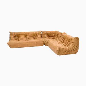 Togo Sofa in Camel Brown Leather by Michel Ducaroy for Ligne Roset, 1980s, Set of 5