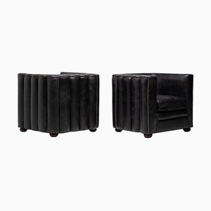 Art Deco Black Leather Armchairs, 1960s, Set of 2