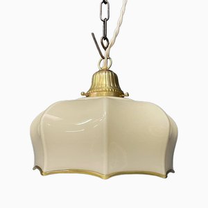 Vintage Beige Glass Hanging Lamp with Brass Fixture, 1950s