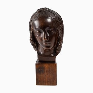 Escultura de madera con cabeza de mujer Art Déco, años 30