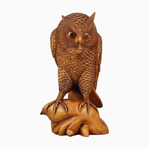 Hand-Carved Light-Brown Wooden Owl Sculpture, 1970s