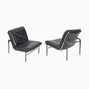 Set of Swiss Aluline Lounge Chairs in Black Leather by Andre Vandenbeuck for Strässle, 1960s