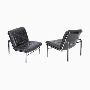 Swiss Aluline Lounge Chairs in Black Leather by Andre Vandenbeuck for Strässle, 1960s, Set of 2