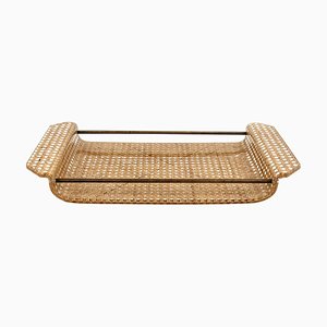 Serving Tray in Acrylic Glass, Rattan and Brass in the Style of Christian Dior, Italy, 1970s