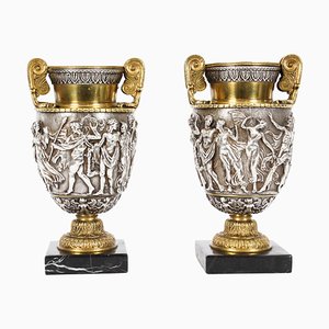 19th Century French Grand Tour Silvered Bronze Urns, Set of 2
