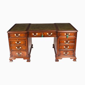 Large Georgian Revival Flame Mahogany Partners Pedestal Desk, 1980s