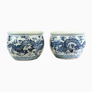 Cache-Pots Dragon de Nankin en Porcelaine Bleue et Blanche, Set de 2