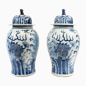 Chinese Blue and White Porcelain Ginger Vases, Set of 2