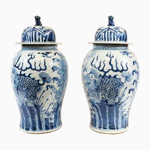 Chinesische Ingwervasen in Blau & Weiß, 2er Set