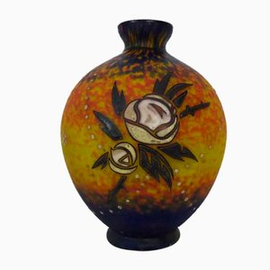 Vase Art Déco en Verre Marmoréen Jaune-Orangé par Delatte Nancy, 1930s