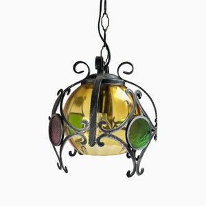 Brutalist Cast Iron and Colored Glass Pendant, 1970s