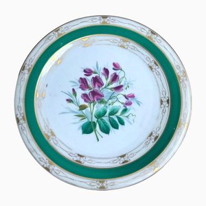 Plato de porcelana con flores verde, siglo XIX. Juego de 3