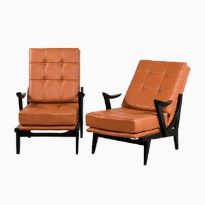 Wooden and Leather Lounge Chairs, 1950, Set of 2