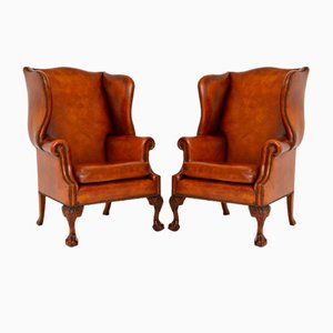 Georgian Leather Wing Back Armchairs, 1950s, Set of 2
