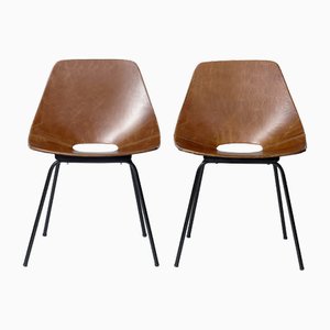 Mid-Century Modern French Tonneau Brown Leather & Metal Dining Chairs by Pierre Guariche for Maison Du Monde, 1950s, Set of 2