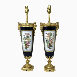 Antique French Sèvres Porcelain and Ormolu Gilt Bronze Urn Table Lamps, Set of 2