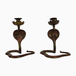 Cobra Kerzenständer aus Bronze mit Gravur, 1950er, 2er Set