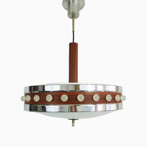 Lampada da soffitto in metallo cromato, legno e vetro, Scandinavia, anni '60