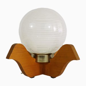 Holzlampe mit weißer Glaskugel, 1970er