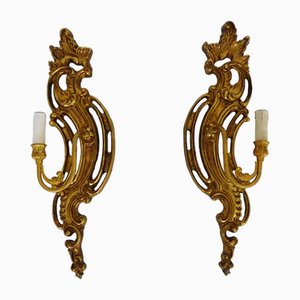Large Italian Wall Sconces in Gold Leaf Giltwood, 1960s, Set of 2