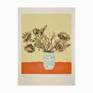 Enotrio Pugliese, Bodegón con jarrón de flores, aguafuerte, 1969