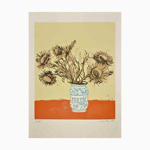 Enotrio Pugliese, Still Life with Vase of Flowers, Etching, 1969