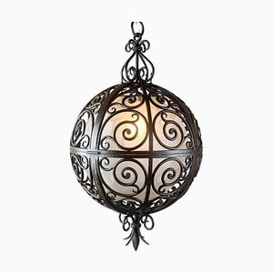 Wrought Iron Round Suspension with Interior Glass Sphere, 1930s