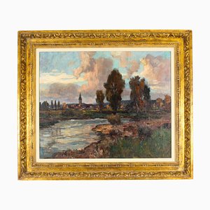 Artista de la escuela francesa, paisaje impresionista, década de 1890, óleo sobre lienzo, enmarcado